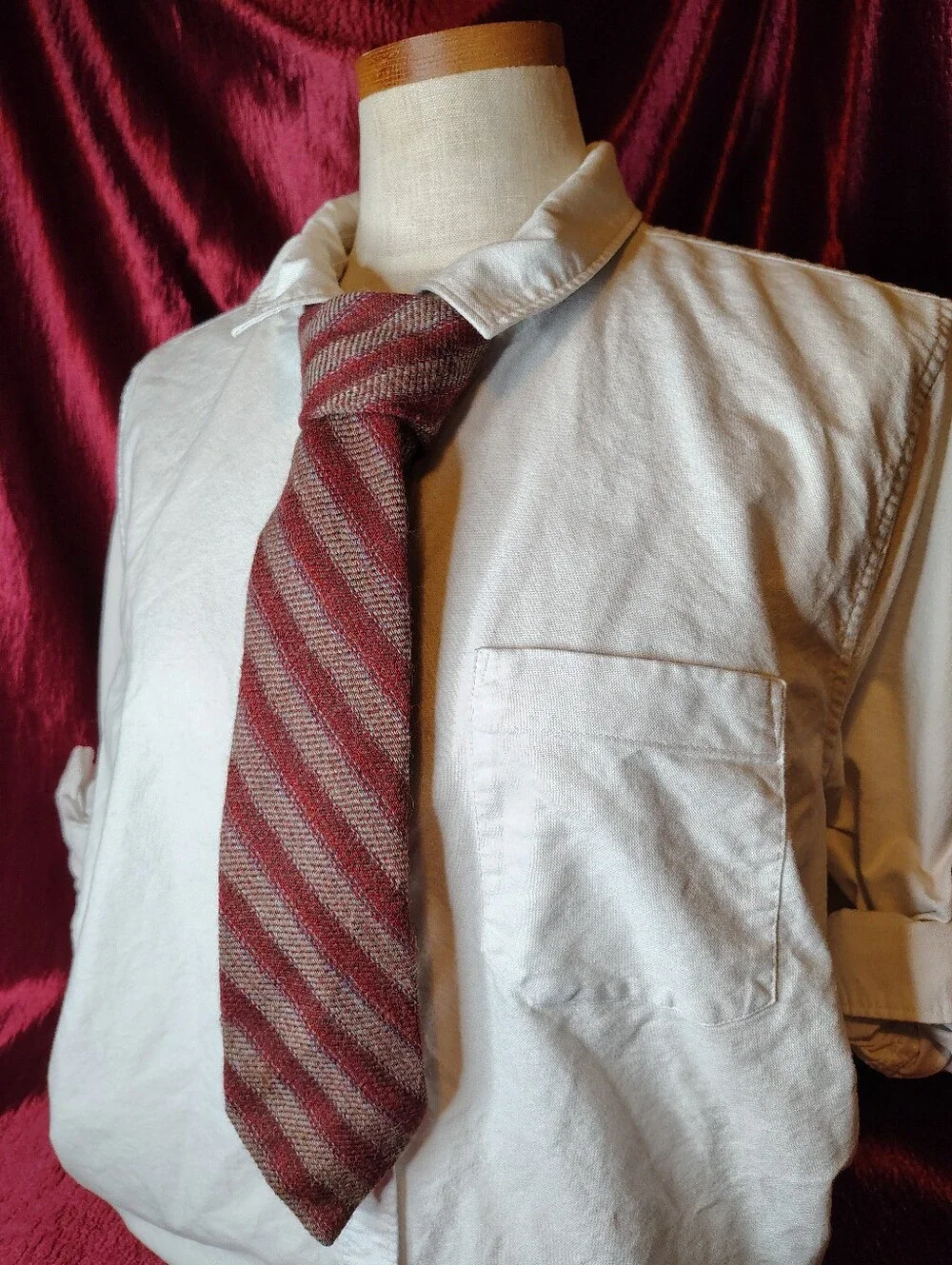Vintage 80s Yves Saint Laurent Wool Burgundy Gray Diagonal Stripe 3.25